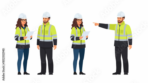 Group of construction workers in safety vests and hard hats standing together