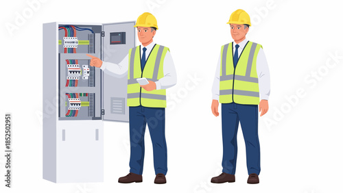 Two engineers inspecting an electrical control panel in a workplace setting