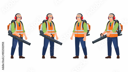 Illustration of four men wearing safety gear and using leaf blowers in a line
