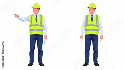 Two men in safety vests and hard hats standing against a white background, one pointing to the left.