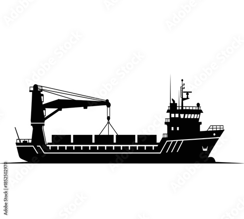 A sleek silhouette of a cargo ship with a prominent crane suggesting maritime transport and logistics