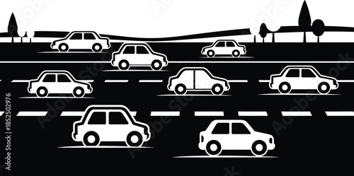Black and white illustration of multiple cars on a road