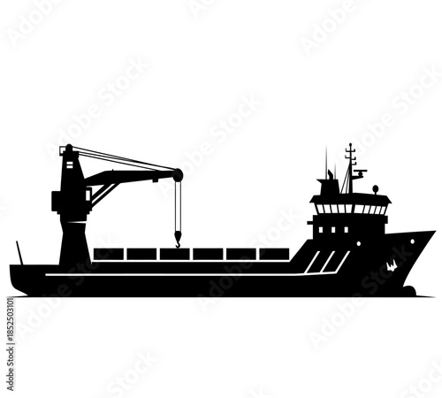 A striking black silhouette of a large cargo ship with a crane isolated on a white background