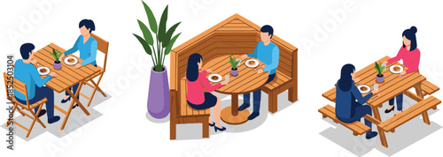 Isometric Vector Illustration Set of People Sitting at Restaurant Tables and Outdoor Cafes Enjoying Meals for Dining and Hospitality Design