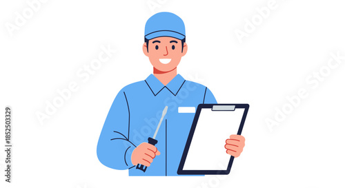 Smiling male technician in uniform holding screwdriver and clipboard.