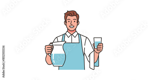 Smiling man holding a pitcher and a glass of water.