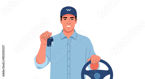 Smiling man in blue shirt and cap holding car keys and steering wheel.