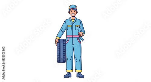 Smiling Mechanic in Blue Overalls Holding a Tire and Wrench.