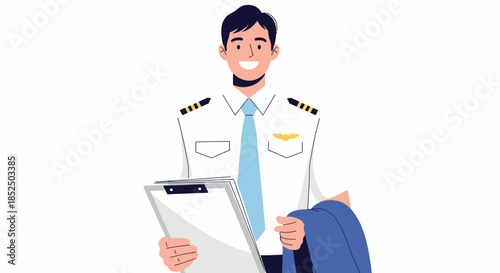 Smiling Pilot Holding Clipboard and Jacket Ready for Flight.