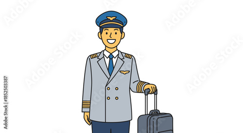 Smiling Pilot in Uniform with Luggage Ready for Travel.