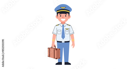 Smiling Pilot in Uniform Holding a Briefcase Ready for Travel.