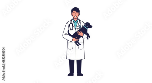 Veterinarian holding a small black dog in his arms.