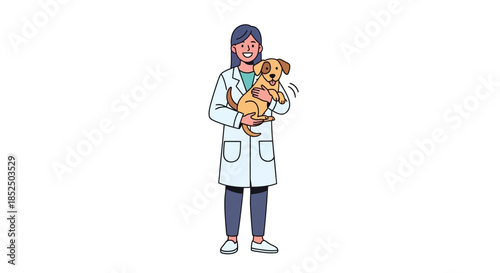 Veterinarian holding a happy golden retriever dog in clinic.