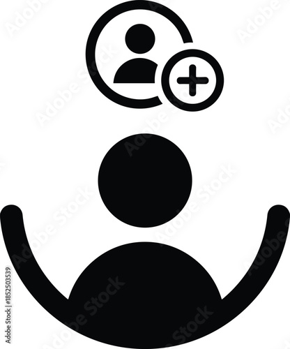 Minimalist black silhouette featuring a person with an additional circular user icon and a plus symbol representing new account registration and social networking.