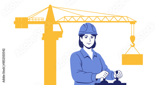 Woman construction worker in hard hat operating crane controls.