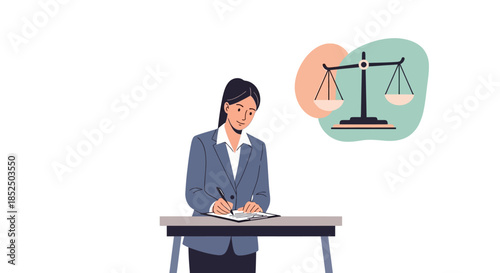 Woman lawyer writing at desk with scales of justice symbol.