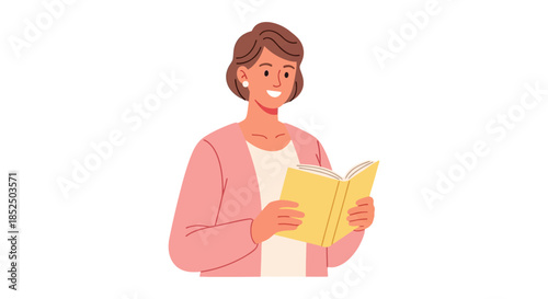 Woman reading a book with a smile.
