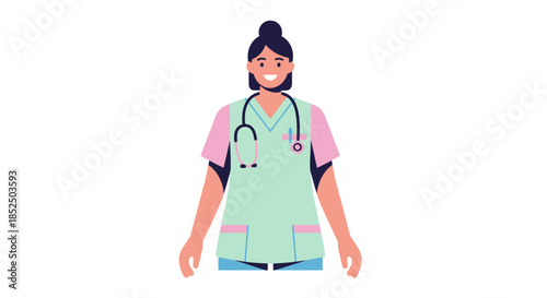 Young Female Doctor or Nurse with Stethoscope Smiling.