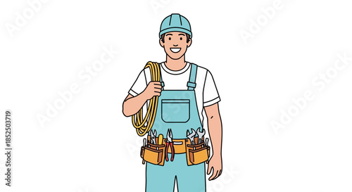 Smiling Electrician in Overalls and Hard Hat Holding Cable.