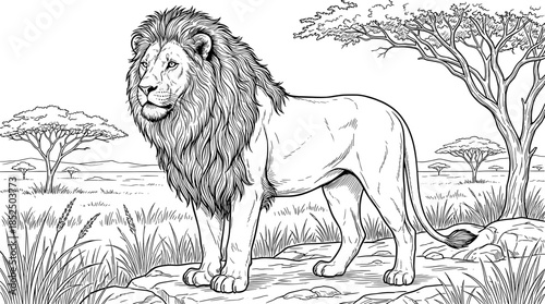A detailed line drawing of a majestic lion standing on a rocky outcrop in a savannah landscape with trees and grass.