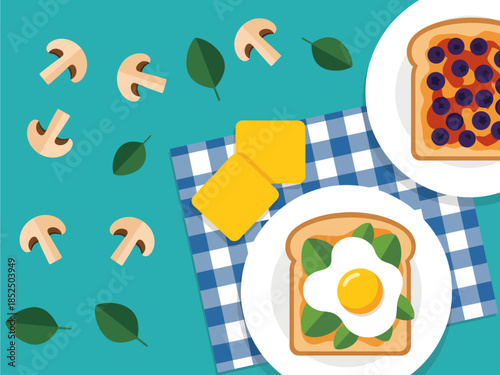 A vibrant flat-lay illustration features savory egg and sweet berry toasts on a checkered napkin, surrounded by scattered mushrooms and cheese on a teal backdrop