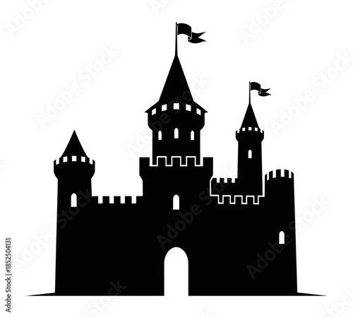 A striking silhouette of a dark castle with multiple towers and battlements against a white background