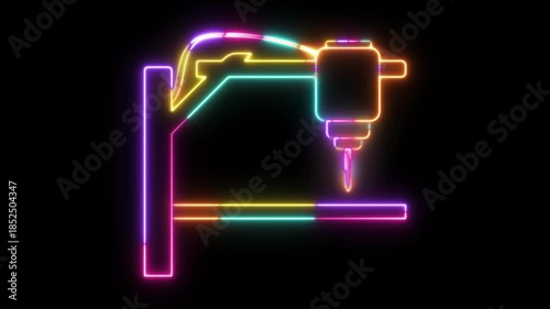 CNC Machine Outline Icon Neon Glow Animation on Black Background, Multicolor Futuristic Industrial Manufacturing Equipment Symbol with Luminous Tech Lines for Engineering, Automation,
