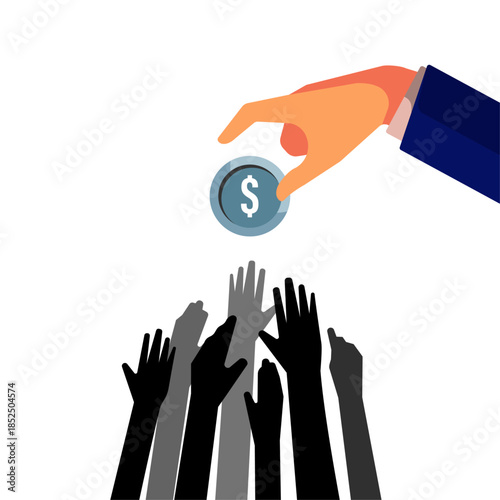 illustration of hands reaching for coins handed down by businessperson. labor exploitation, low wages, economic inequality. cheap labor, power imbalance, income disparity, capitalism, social injustice