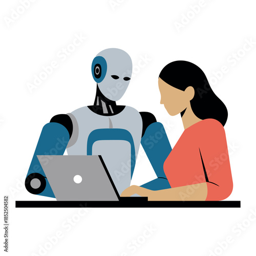 A humanoid robot and a person work together at a laptop computer.