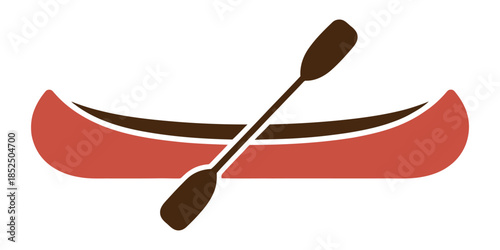 A stylized illustration of a red canoe with a paddle resting across it.