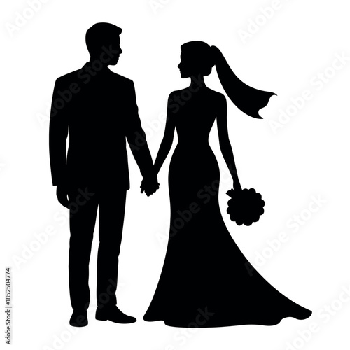 Silhouette of a newlywed couple holding hands on their wedding day.
