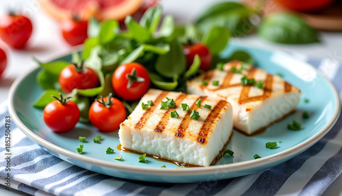 Grilled Fish Fillet with Cherry Tomatoes and Greens on Blue Plate