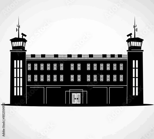 A stark black and white illustration of a fortress structure with guard towers and a central entrance