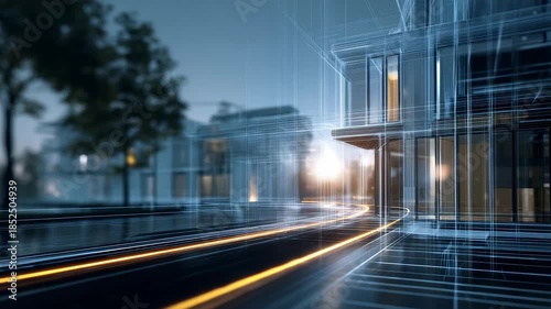 Dynamic urban environment features transparent digital structures, illuminated lines, symbolizing advanced technology integration. Scene captures essence future cities, intelligent infrastructure