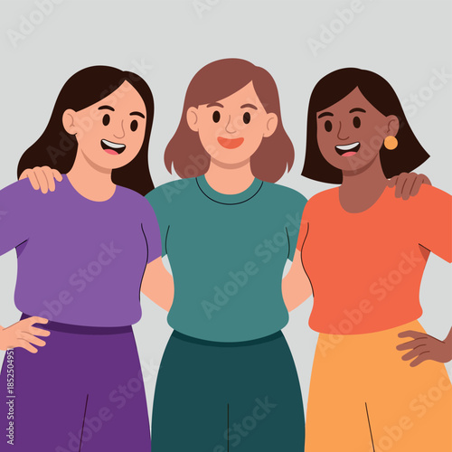 Three diverse women stand together with their arms around each other in a show of friendship and unity.