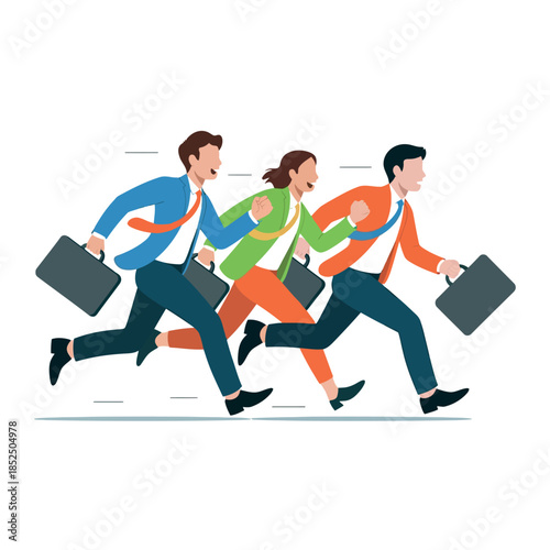 Business professionals in suits race forward with briefcases in a blur.
