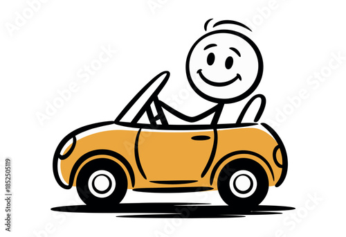 A happy stick figure driving a small yellow convertible car with the top down.