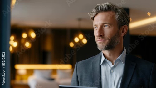 A successful executive in a stylish suit stands by the window, illuminated by warm office lighting, reflecting on business strategies. Modern workspace and corporate inspiration
