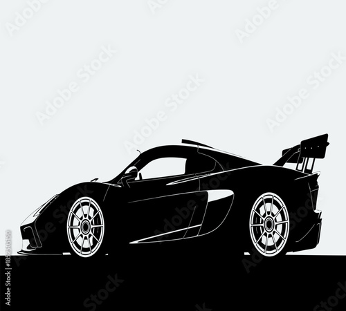 A sleek black sports car with a prominent rear spoiler is showcased in a minimalist side profile