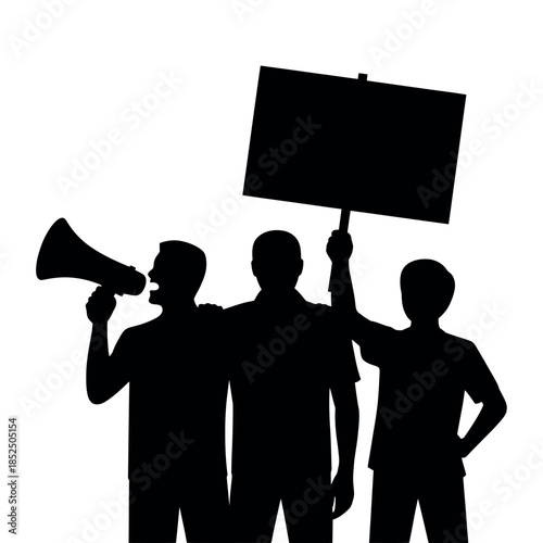 Silhouettes of three people holding a sign and a megaphone at a protest.
