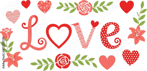 Vibrant love themed graphic with hearts and flowers