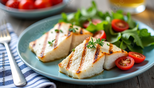 Grilled Fish Fillet with Cherry Tomatoes and Greens on Blue Plate