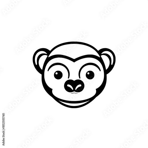 Minimalist black-and-white monkey face icon, perfectly symmetrical and directly front-facing, with bold and thick outlines, solid black facial features, and a smooth white background, designed as a br