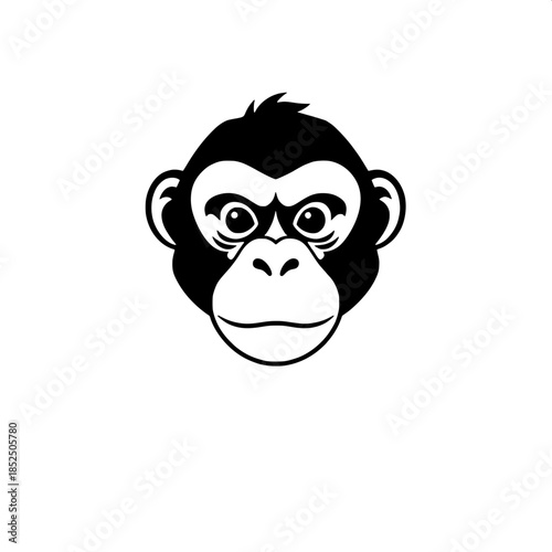 Minimalist black-and-white monkey face icon, perfectly symmetrical and directly front-facing, with bold and thick outlines, solid black facial features, and a smooth white background, designed as a br