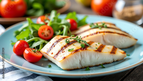 Grilled Fish Fillet with Cherry Tomatoes and Greens on Blue Plate