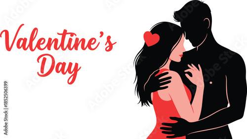 Loving couple embracing on Valentine's Day with red heart