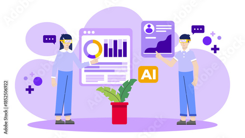 Corporate Team Using AI for Market Analysis. Business Flat Vector Illustration