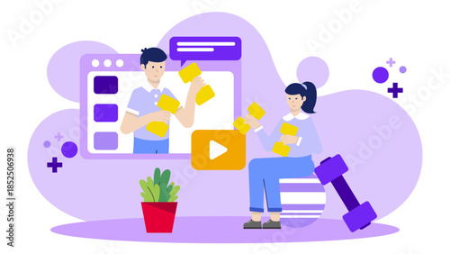 Online Fitness Coach Leading a Group Workout. Business Flat Vector Illustration