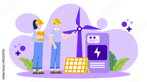Green Tech Company Installing Wind Turbines. Business Flat Vector Illustration