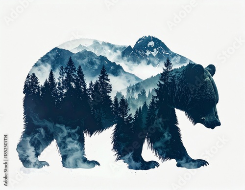 Double exposure illustration of a majestic bear silhouette, filled with a serene mountain and forest landscape, symbolizing the untamed beauty and wild spirit of nature
